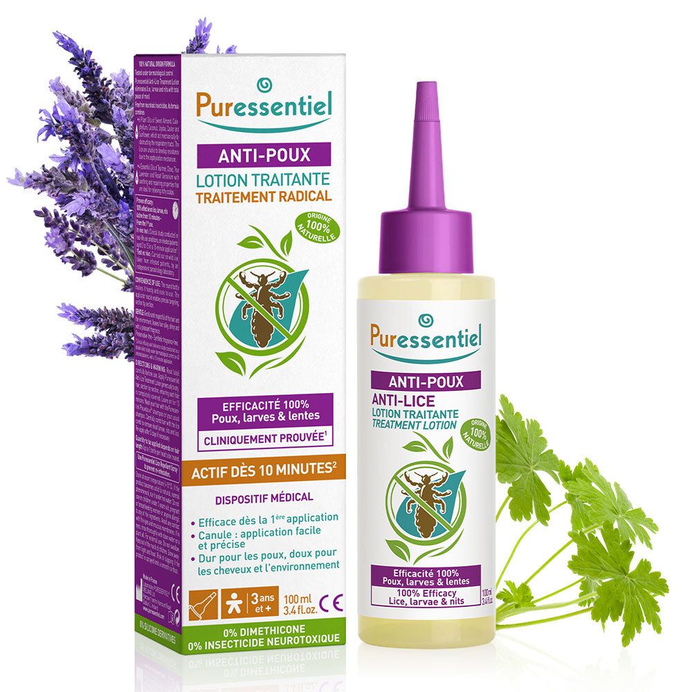 Lotion gegen Läuse. Flasche mit Dosierspitze und Verpackung. Lavendel und Blätter im Hintergrund.