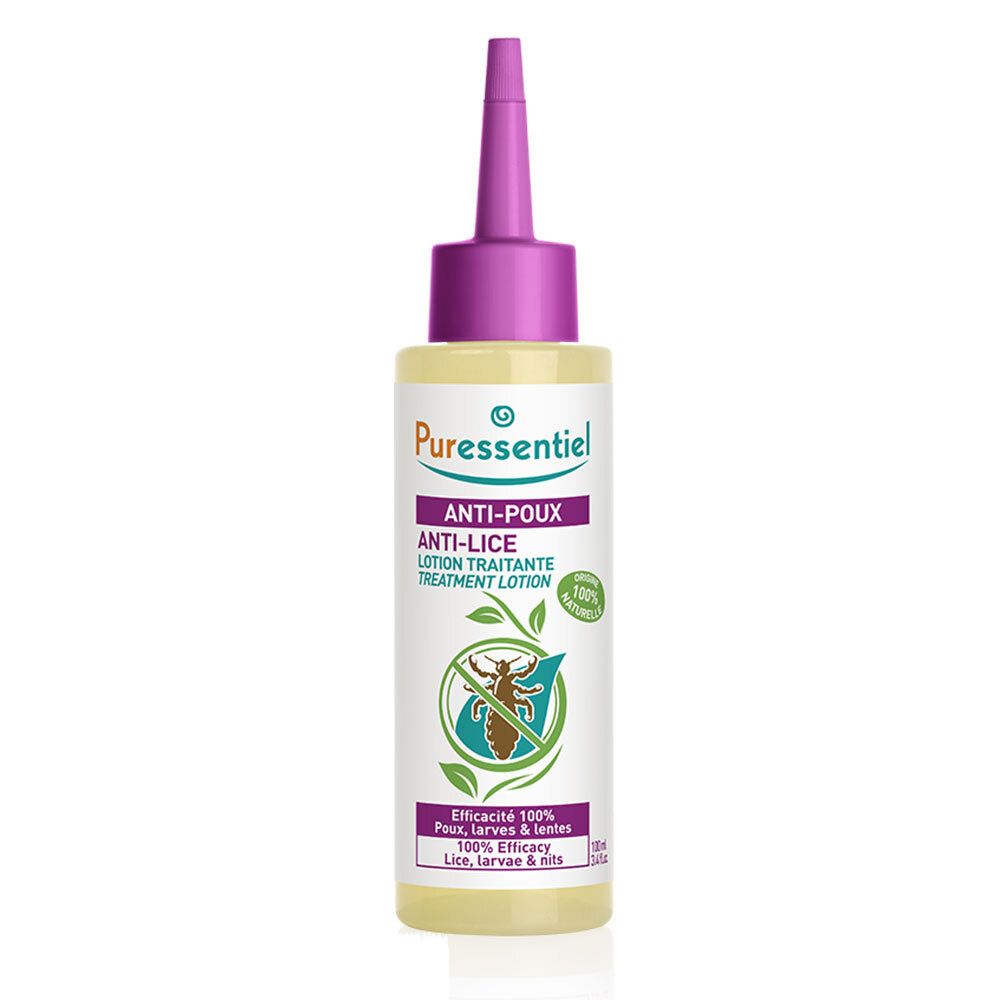Lotion gegen Läuse. Flasche mit Dosierspitze. Aufschrift: Anti-Läuse, Behandlung.
