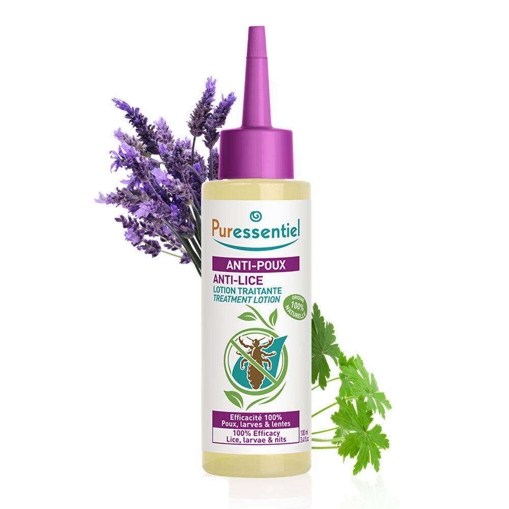 Lotion gegen Läuse. Flasche mit Dosierspitze. Lavendel und Blätter im Hintergrund.
