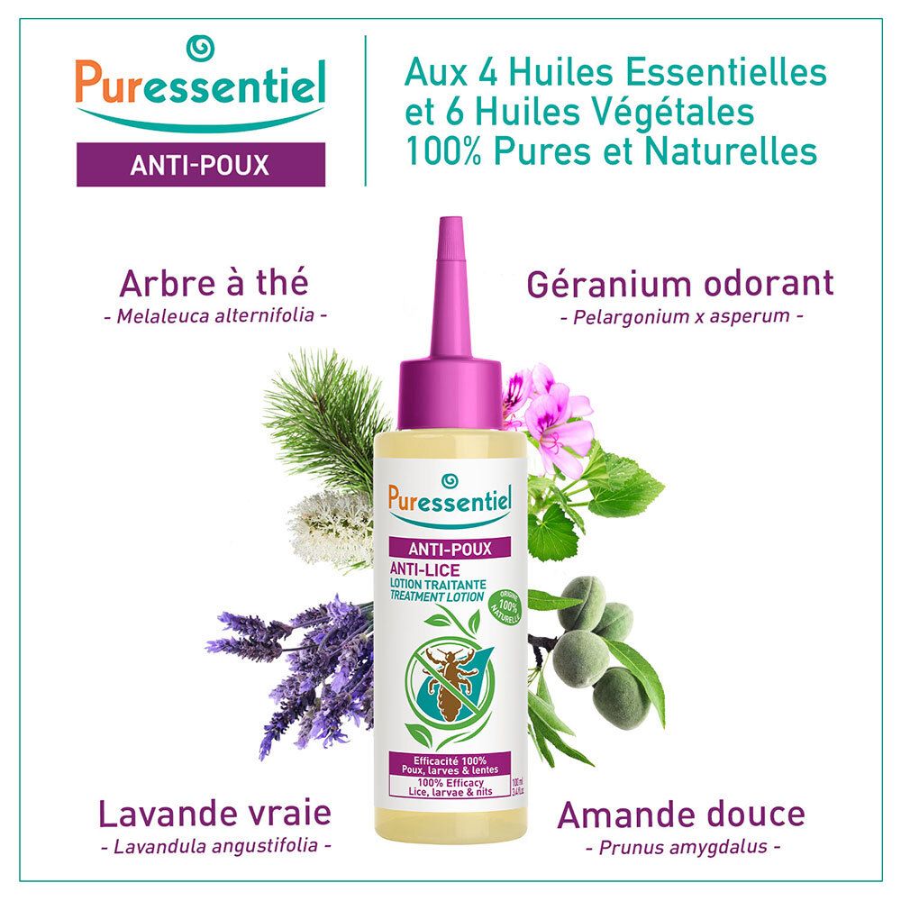 Lotion gegen Läuse. Flasche mit Dosierspitze. Abgebildet sind Pflanzen und ätherische Öle.