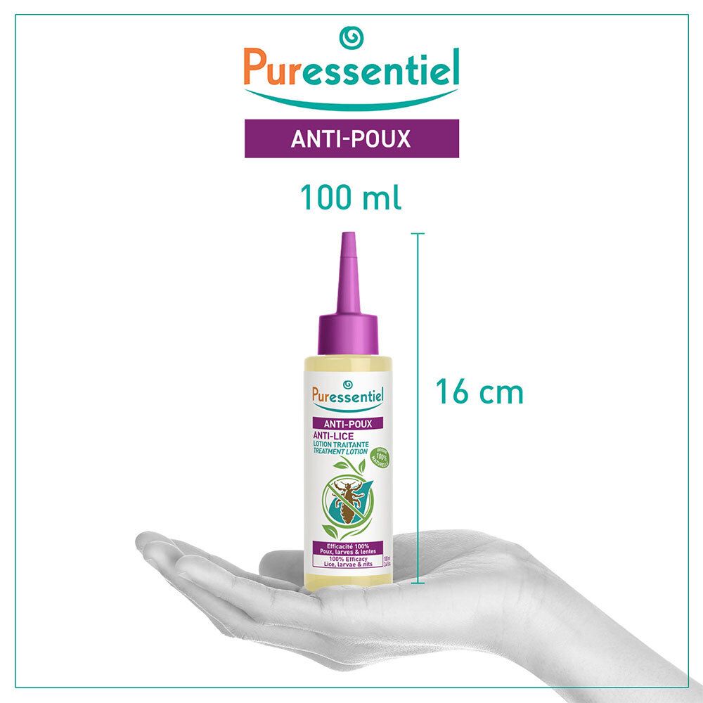 Lotion gegen Läuse. Flasche mit Dosierspitze. Flasche in Hand gehalten. 16 cm hoch.