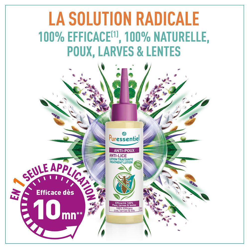 Lotion gegen Läuse. Flasche mit Dosierspitze. Aufschrift: Anti-Läuse, Behandlung. Hintergrund mit Pflanzen.