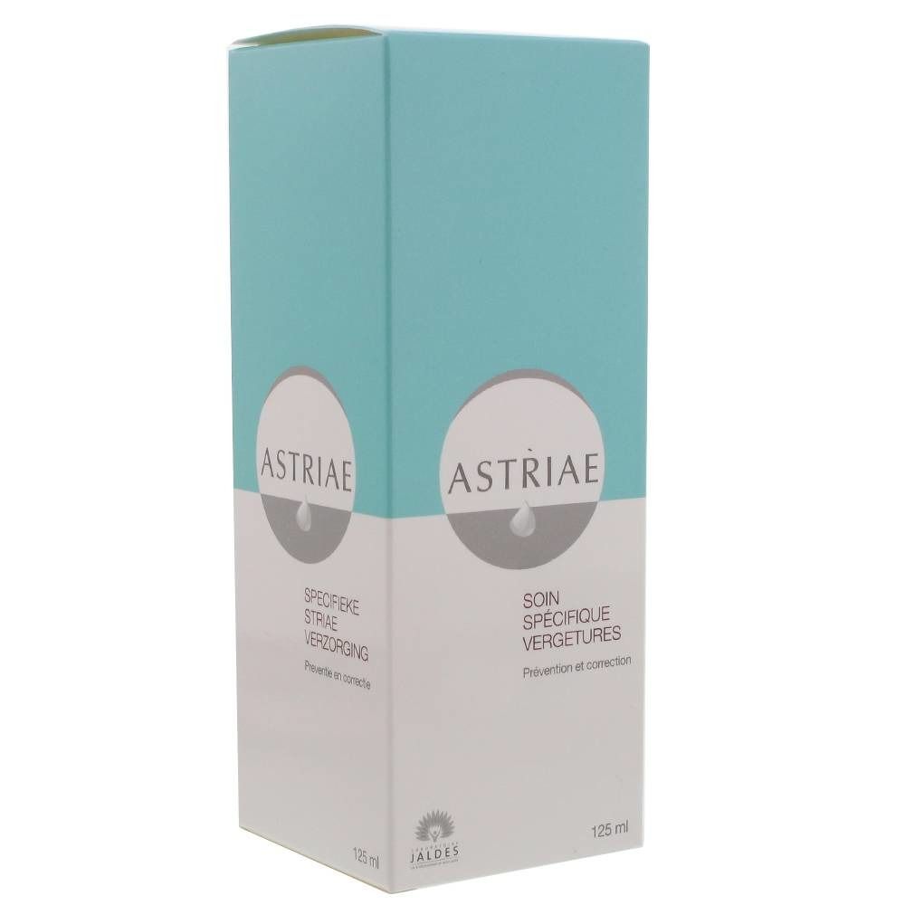Boîte ASTRIAE, turquoise et blanche. Inscription : Soin spécifique vergetures. Contenance : 125 ml. Marque JALDES en bas.