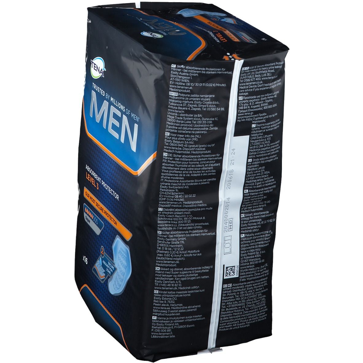 Tena Men Level 3, emballage. Emballage noir avec informations produit. Dos avec texte en plusieurs langues.