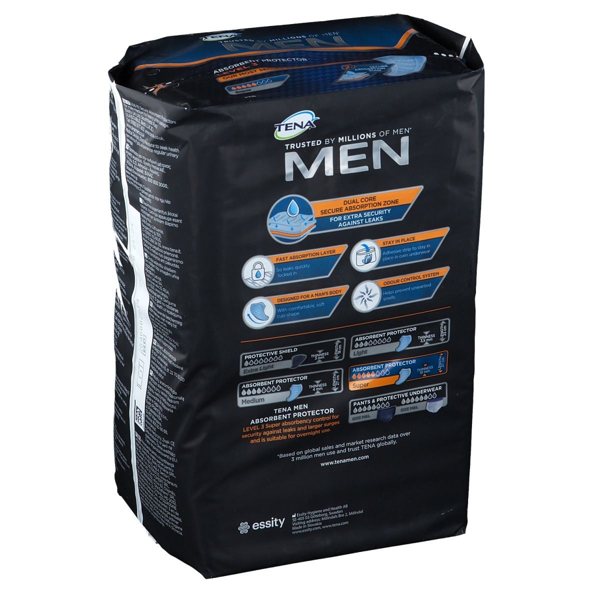 Tena Men Level 3, emballage. Emballage noir avec caractéristiques du produit. Illustrations et texte sur les avantages du produit.
