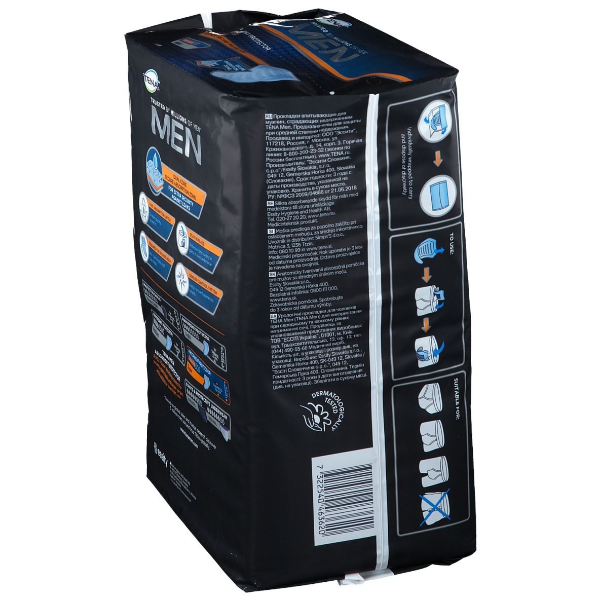 Tena Men Level 3, emballage. Emballage noir avec informations produit. Vue latérale avec instructions et pictogrammes.