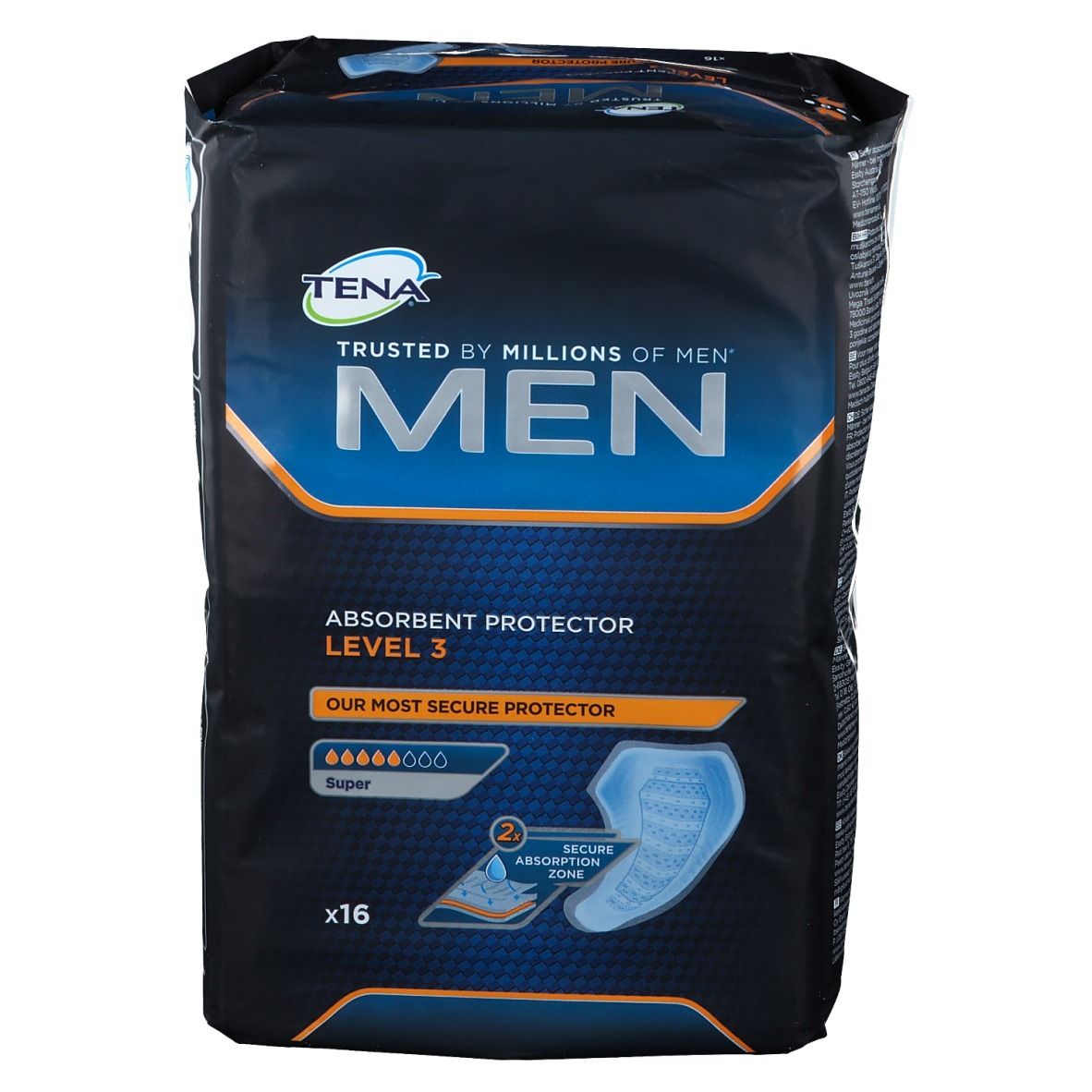 Tena Men Level 3, paquet de 16. Emballage noir avec design bleu-orange. Nom du produit et niveau d'absorption clairement visibles.