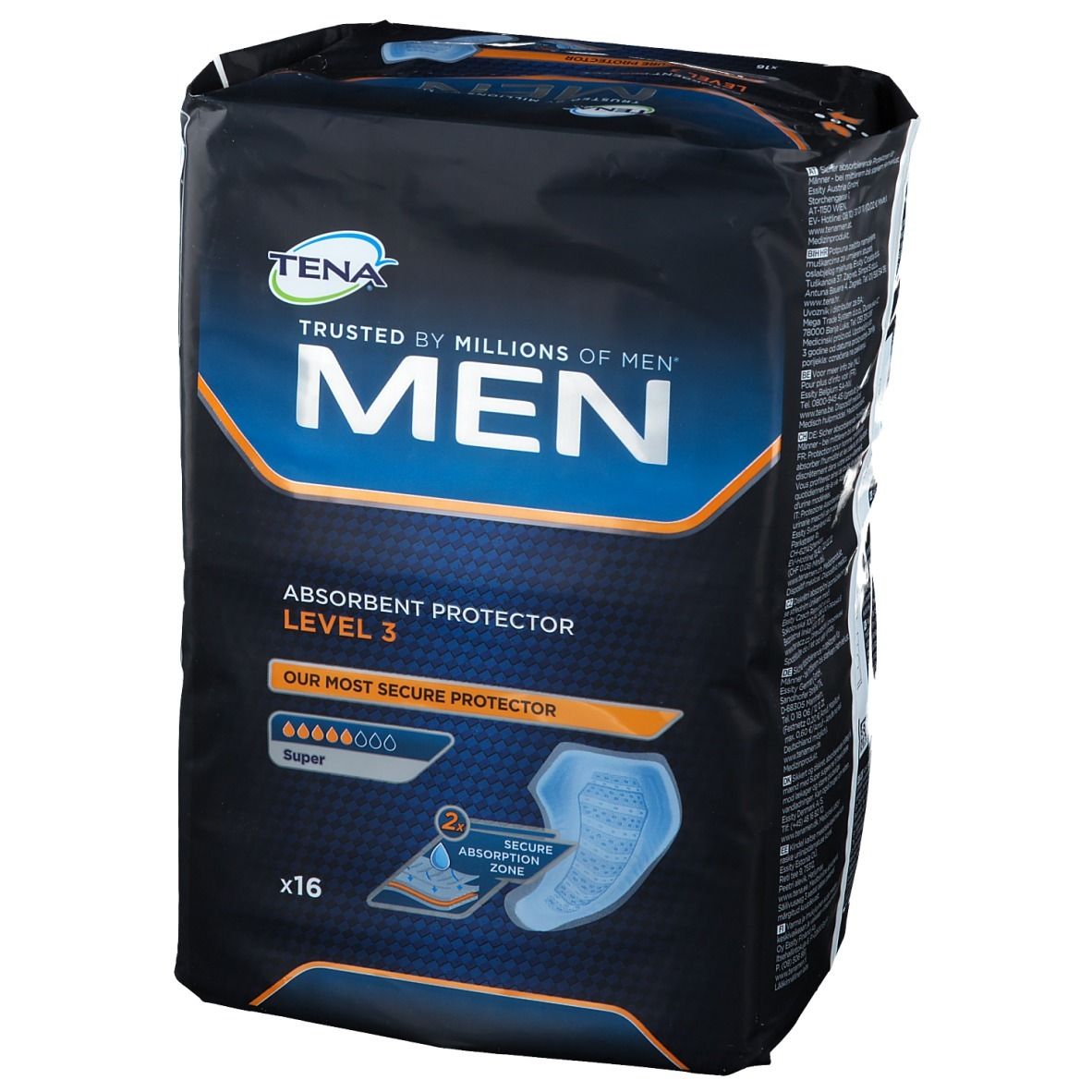 Tena Men Level 3, paquet de 16. Emballage noir avec design bleu-orange. Nom du produit et niveau d'absorption clairement visibles.
