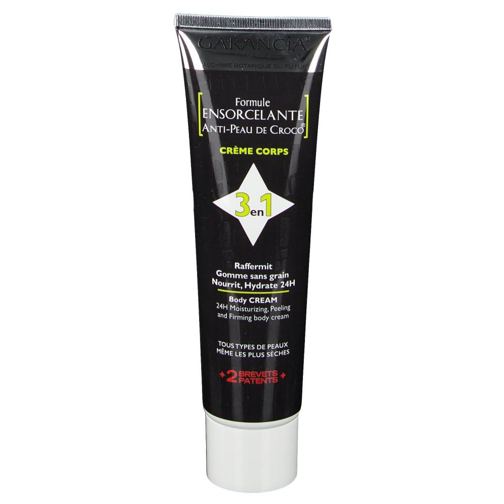Tube noir, bouchon blanc. Inscription: Formule Ensorcelante, Crème Corps, 3 en 1. Marque: Garancia.