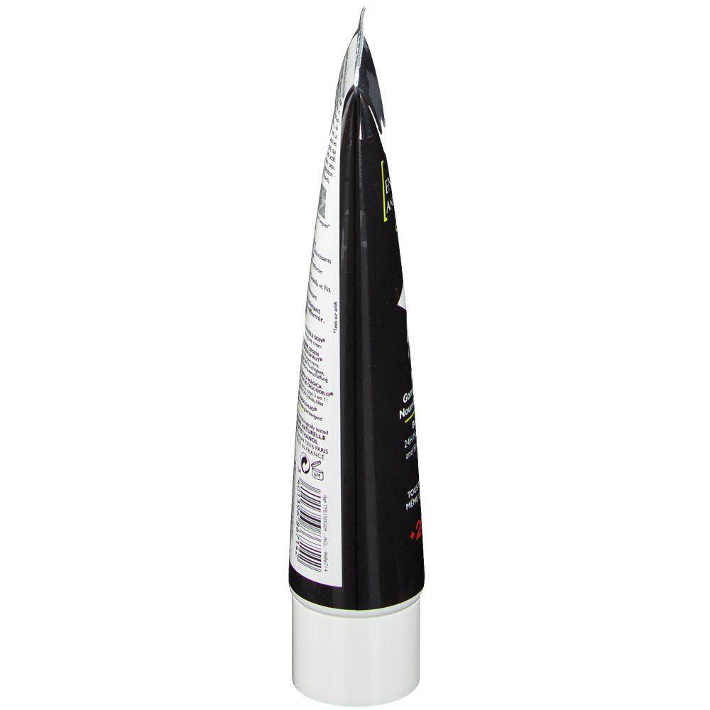Vue latérale du tube. Fond noir, écriture blanche. Bouchon blanc. Informations produit.