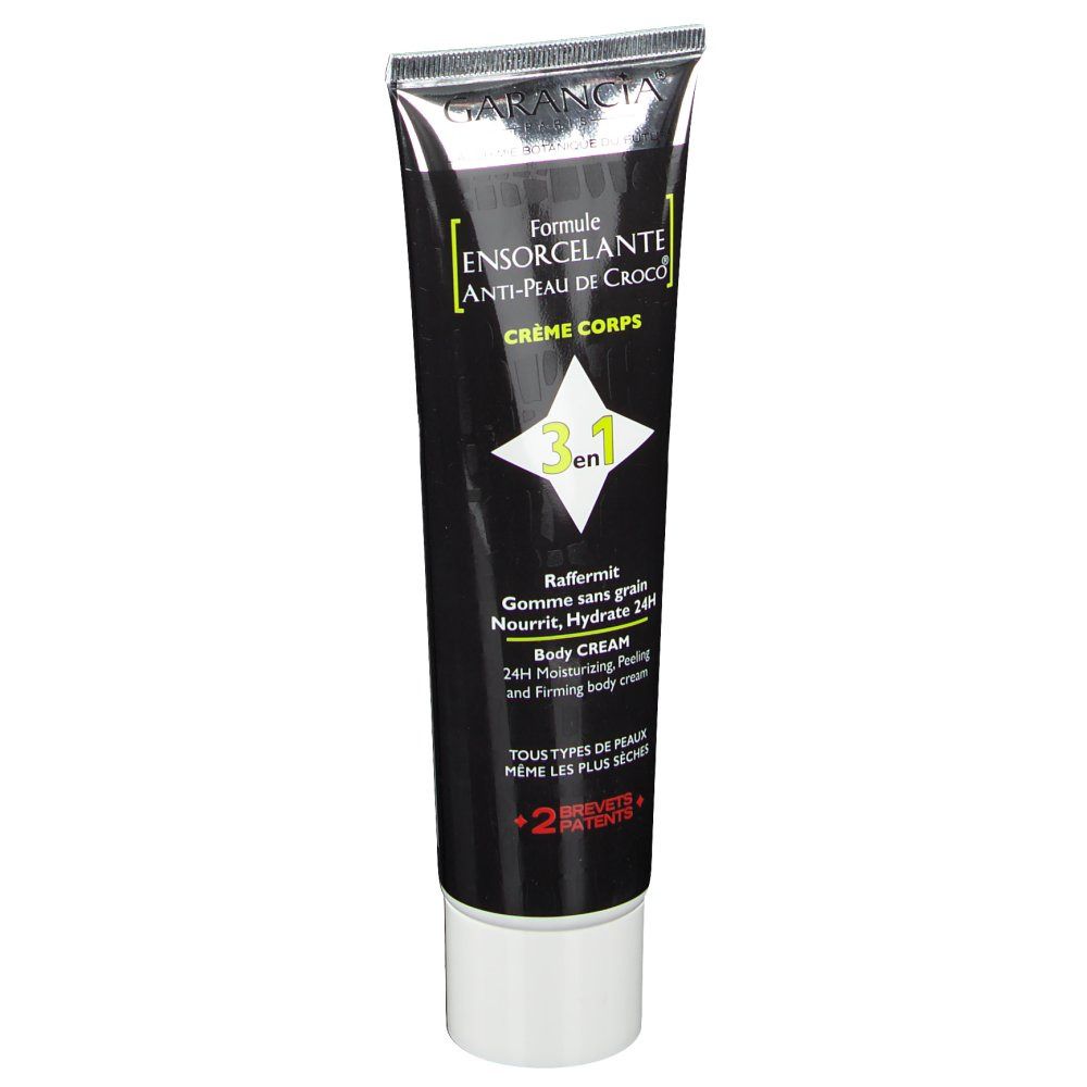 Tube noir, bouchon blanc. Inscription: Formule Ensorcelante, Crème Corps, 3 en 1. Marque: Garancia.