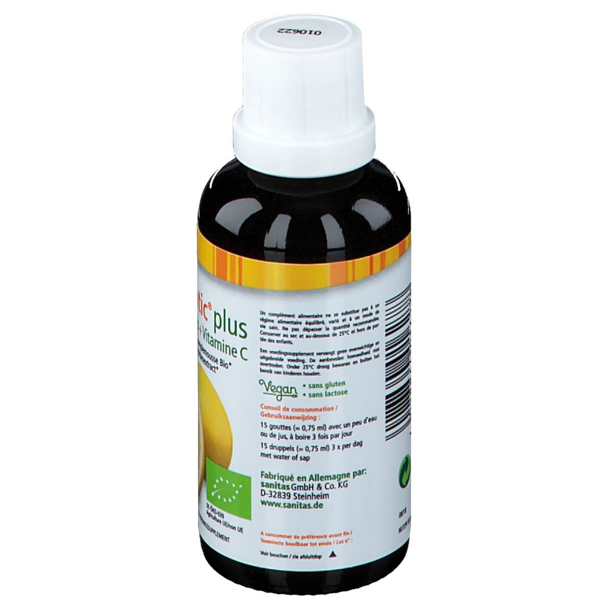 Dos du flacon. Texte: Vegan, sans gluten, sans lactose. Informations de dosage. Fabriqué en Allemagne.