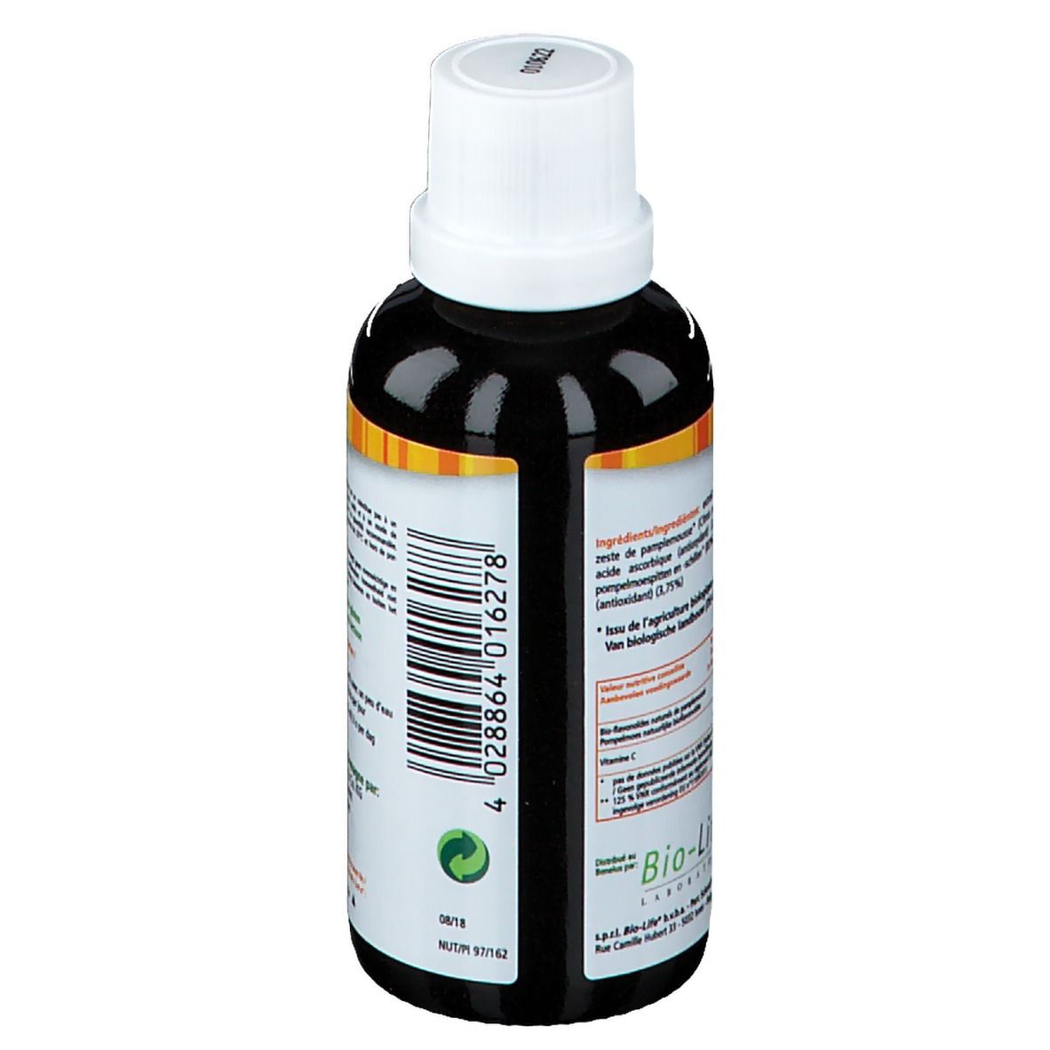 Dos du flacon. Code-barres et texte. Informations du fabricant. Label bio vert.