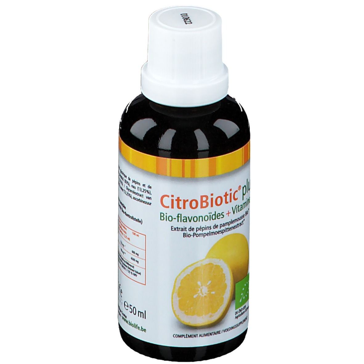 Flacon marron avec bouchon blanc. Inscription: Citrobiotic plus. Bio-flavonoïdes + Vitamine C. 50ml. Label bio.