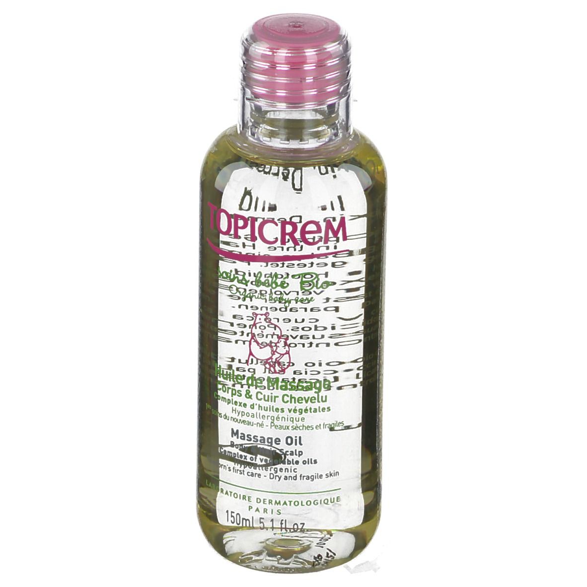 Huile de massage TOPICREM, flacon avec bouchon rose. Étiquette avec informations, 150ml, 5.1 fl.oz.
