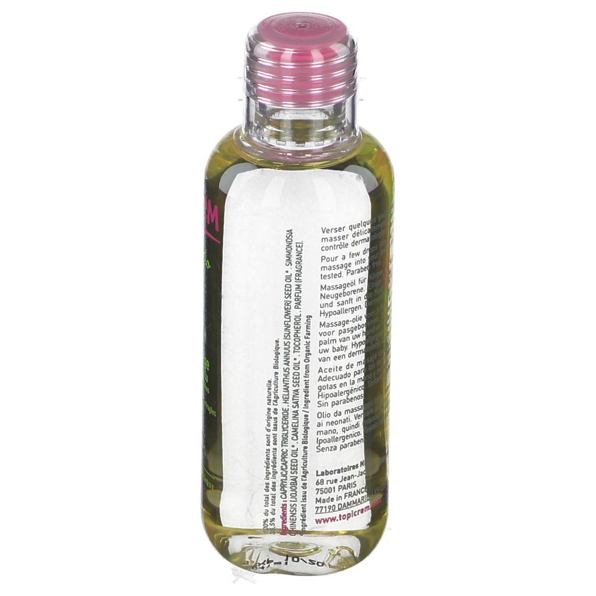 Huile de massage TOPICREM, flacon avec bouchon rose. Dos avec ingrédients et instructions d'utilisation.