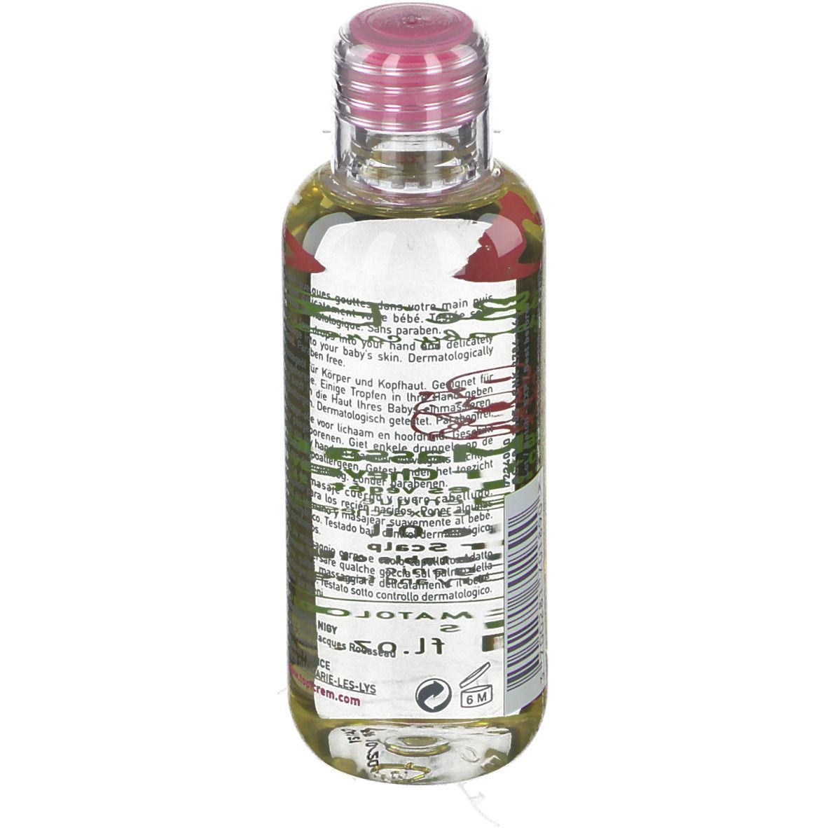 Huile de massage TOPICREM, flacon avec bouchon rose. Dos avec informations et coordonnées du fabricant.