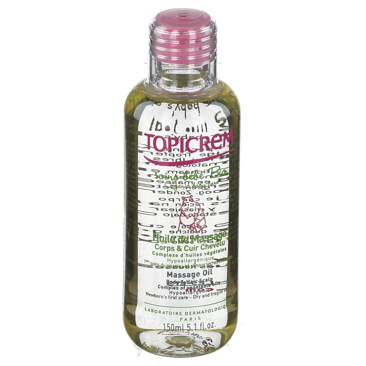 Huile de massage TOPICREM, flacon avec bouchon rose. Étiquette avec informations, 150ml, 5.1 fl.oz.
