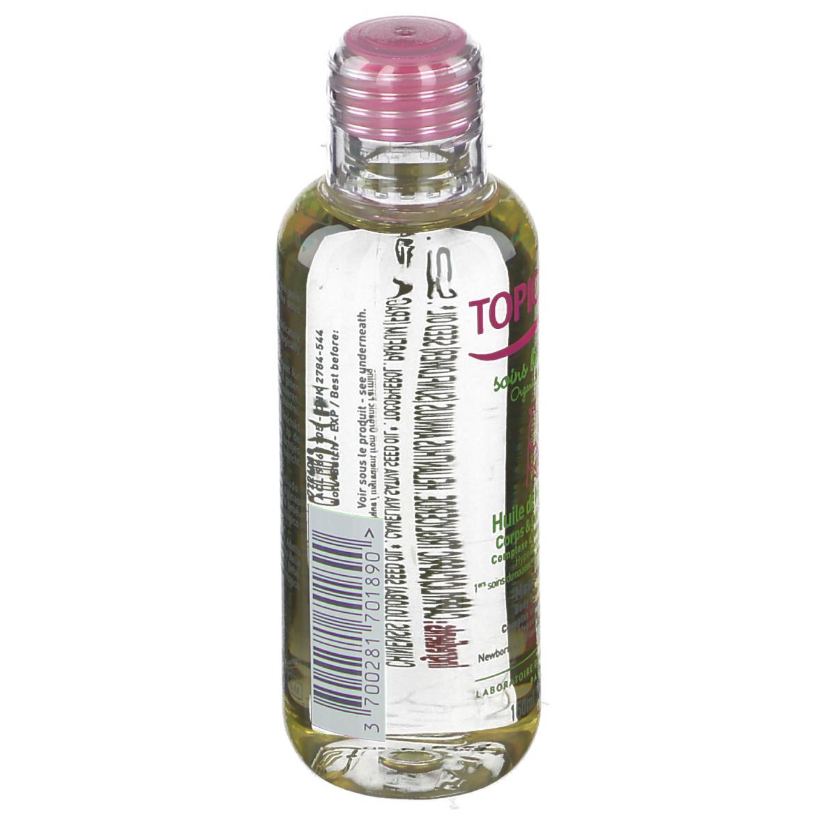 Huile de massage TOPICREM, flacon avec bouchon rose. Dos avec informations et code-barres.
