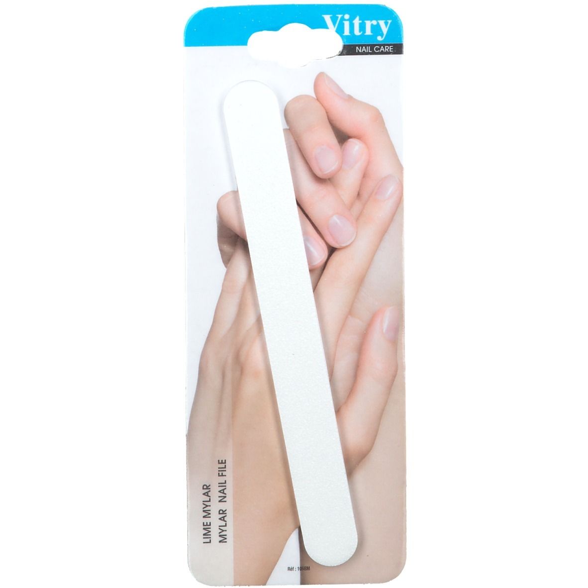 Witte Mylar nagelvijl in verpakking met ophanggat. Merk Vitry, tekst "Nail Care".