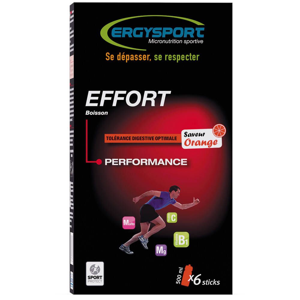 Emballage noir Ergysport. Inscription "Effort Boisson", goût orange. Illustration d'un coureur. Contient 6 sticks.