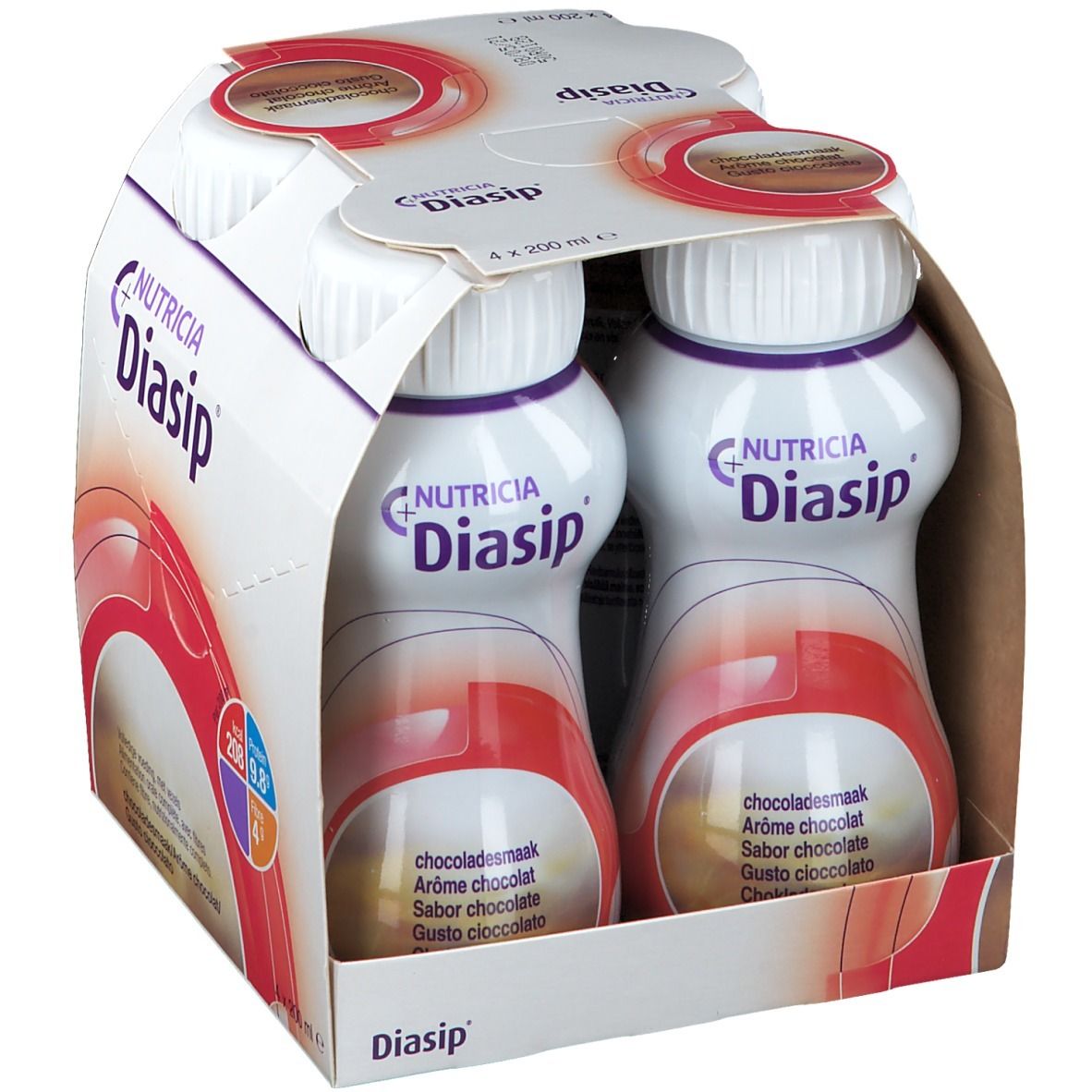 Verpakking met vier flessen Diasip Chocolat. Elke fles heeft een witte dop en een rood etiket. Op de verpakking staat "Nutricia Diasip".