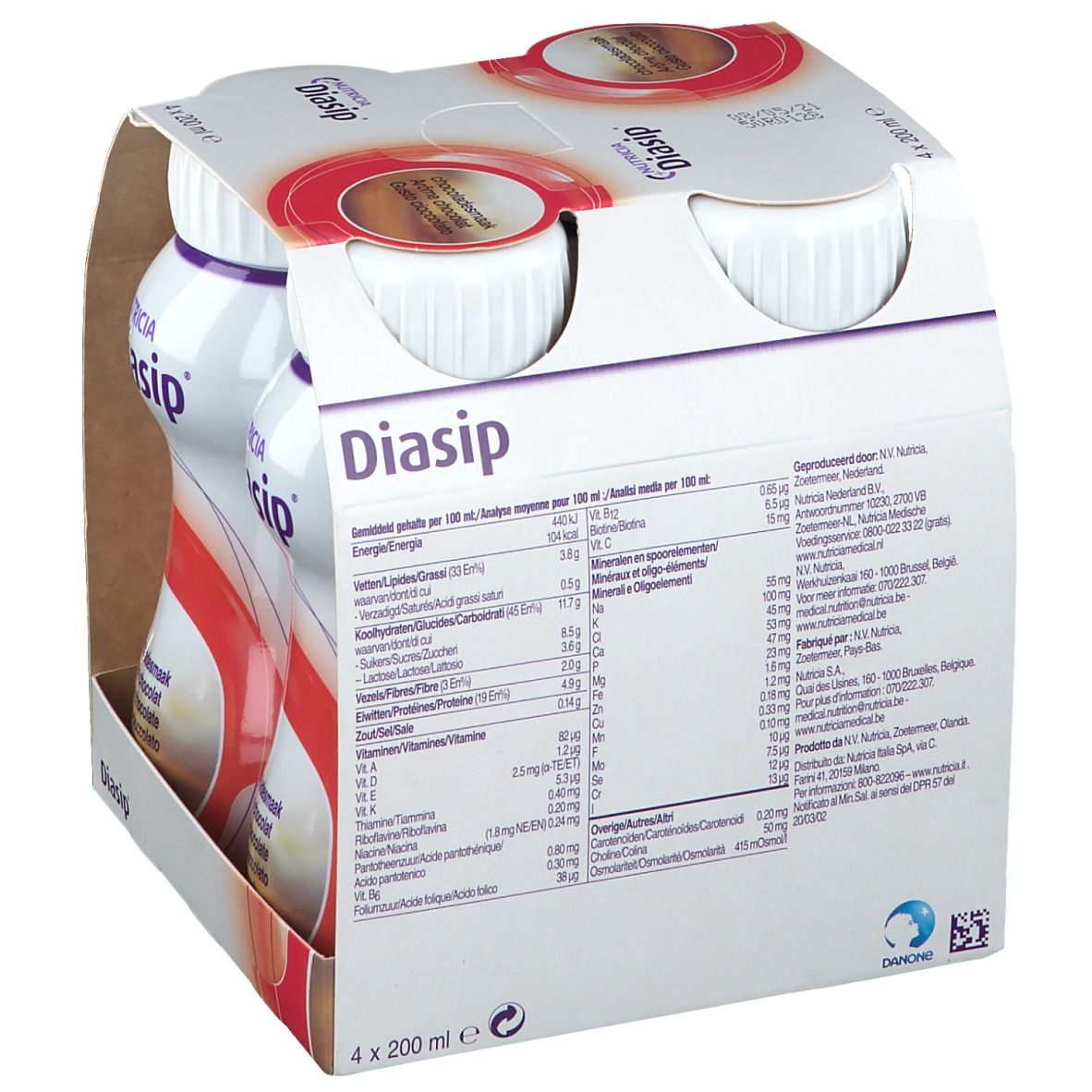 Achterkant van de Diasip Chocolat verpakking met voedingswaarde-informatie en contactgegevens. De verpakking bevat vier flessen.