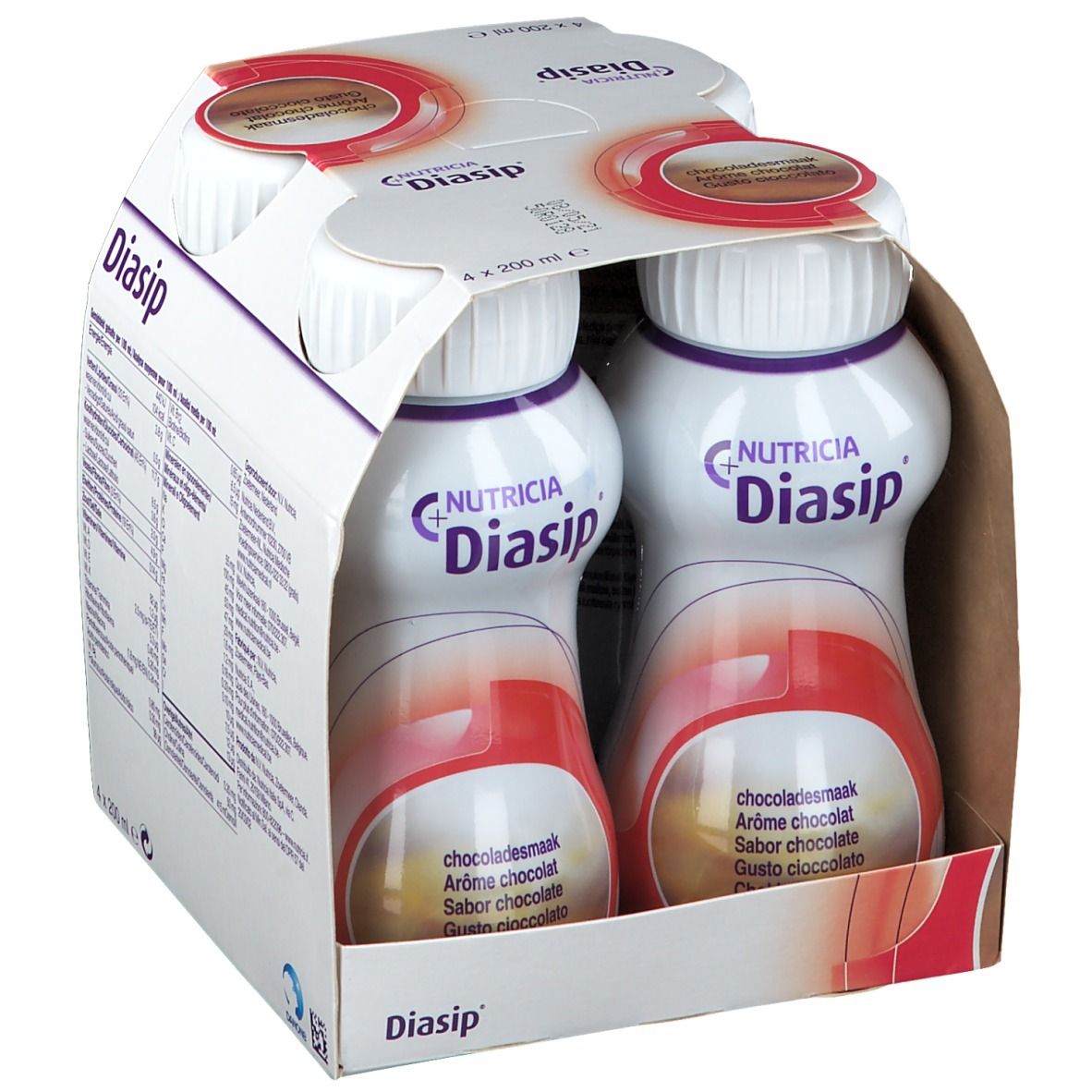 Verpakking met vier flessen Diasip Chocolat. Elke fles heeft een witte dop en een rood etiket. Op de verpakking staat "Nutricia Diasip".