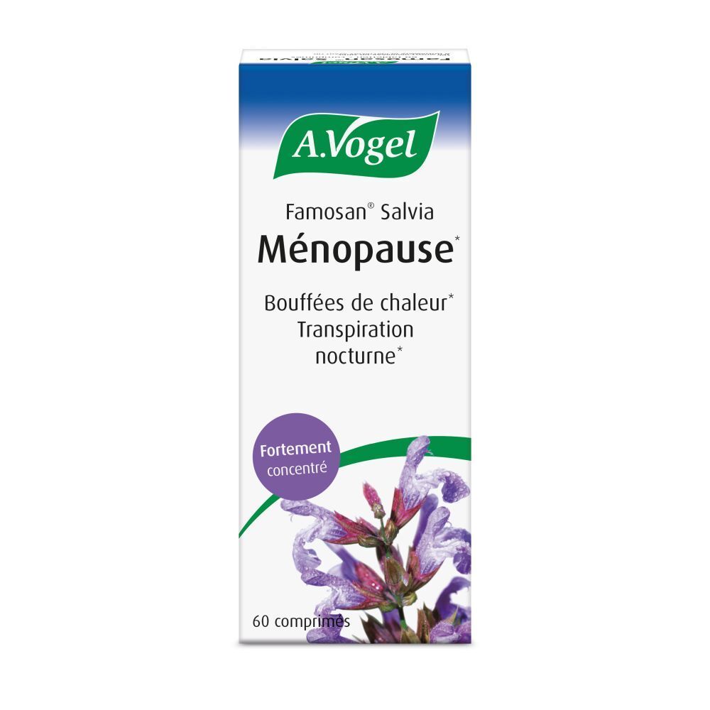 Emballage du produit. Blanc, bleu. Nom du produit et marque A. Vogel. 60 comprimés. 'Fortement concentré'.