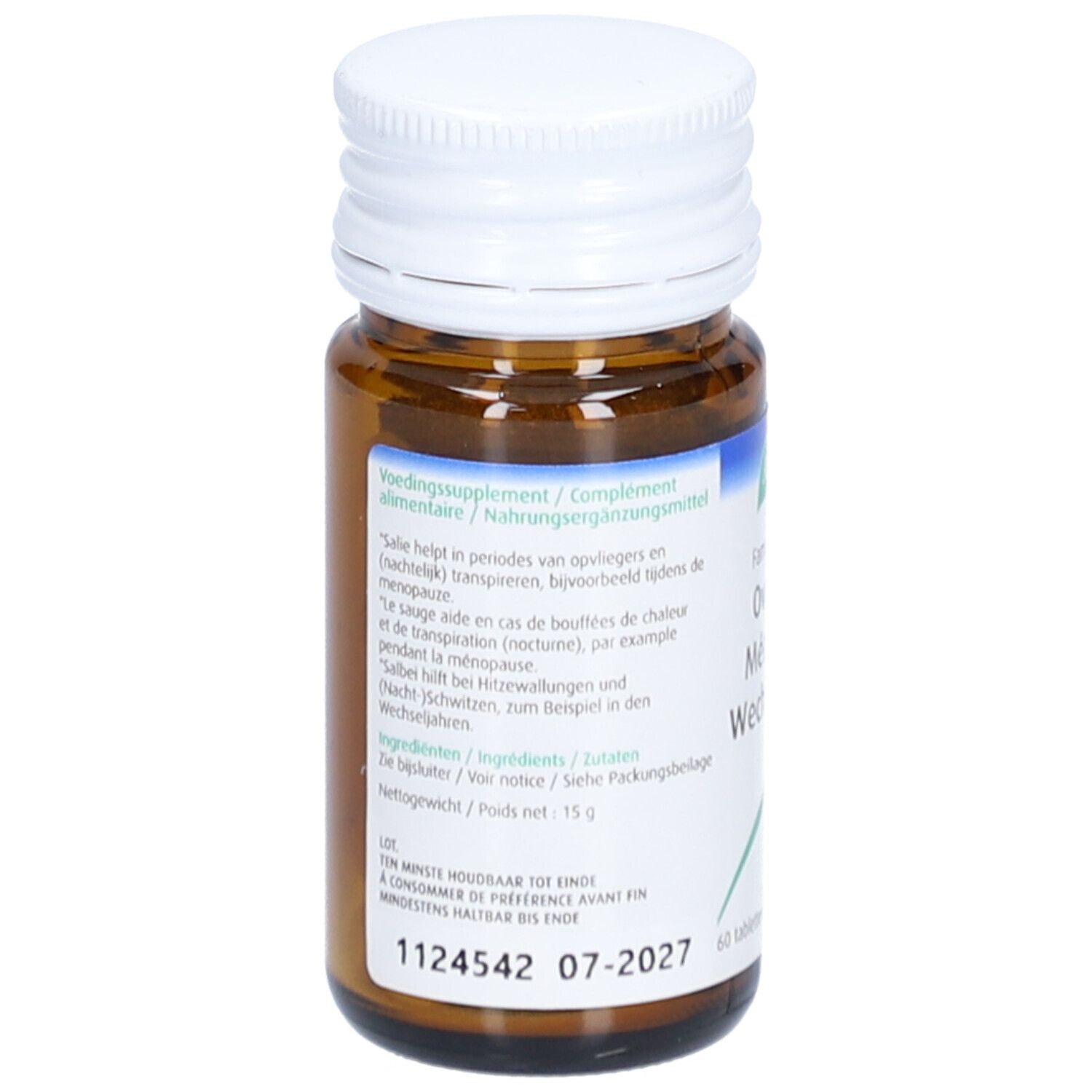 Dos du flacon en verre brun. Étiquette avec informations sur le produit et ingrédients. Date de péremption.
