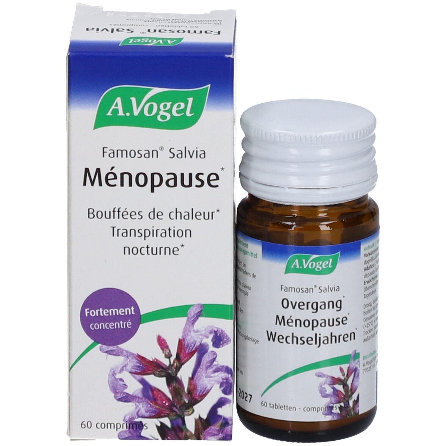 Emballage et flacon. Emballage : blanc, bleu, nom du produit et marque A. Vogel. Flacon : brun, bouchon blanc.