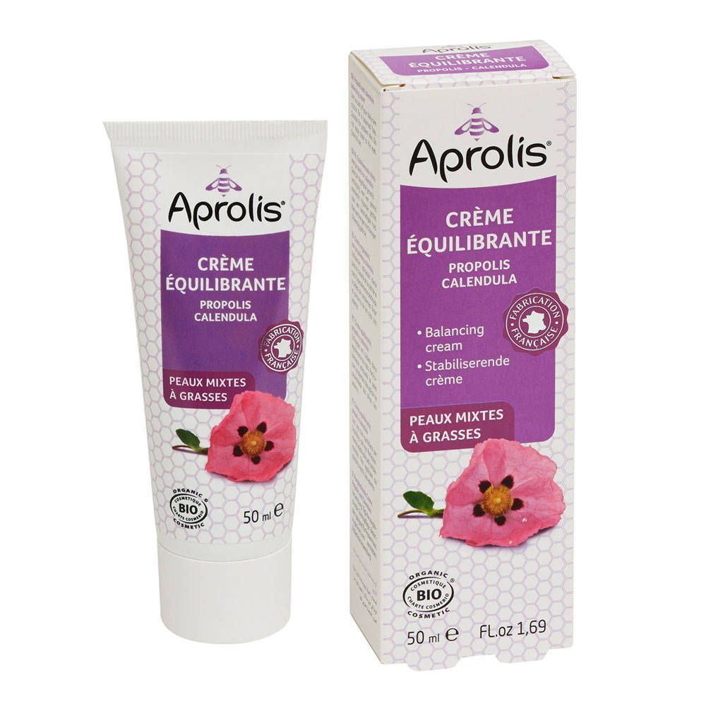 Crèmetube en -doos. Opschrift: Aprolis Crème équilibrante. Met bloem en bio-certificering. Franse fabricage.