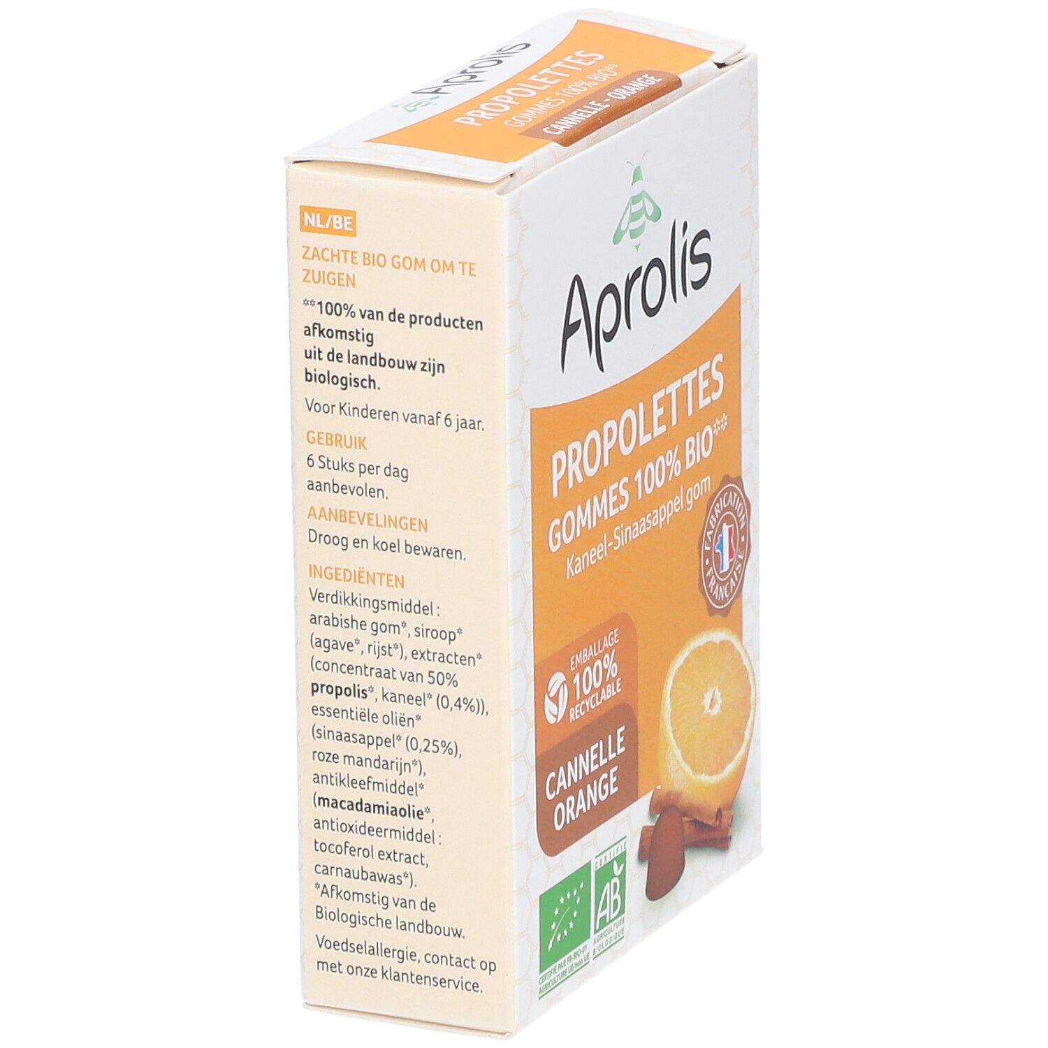 Doos Aprolis PROPOLETTES GOMMES 100% BIO. Smaak: sinaasappel-kaneel. Tekst in het Nederlands. Halve sinaasappel en kaneel.
