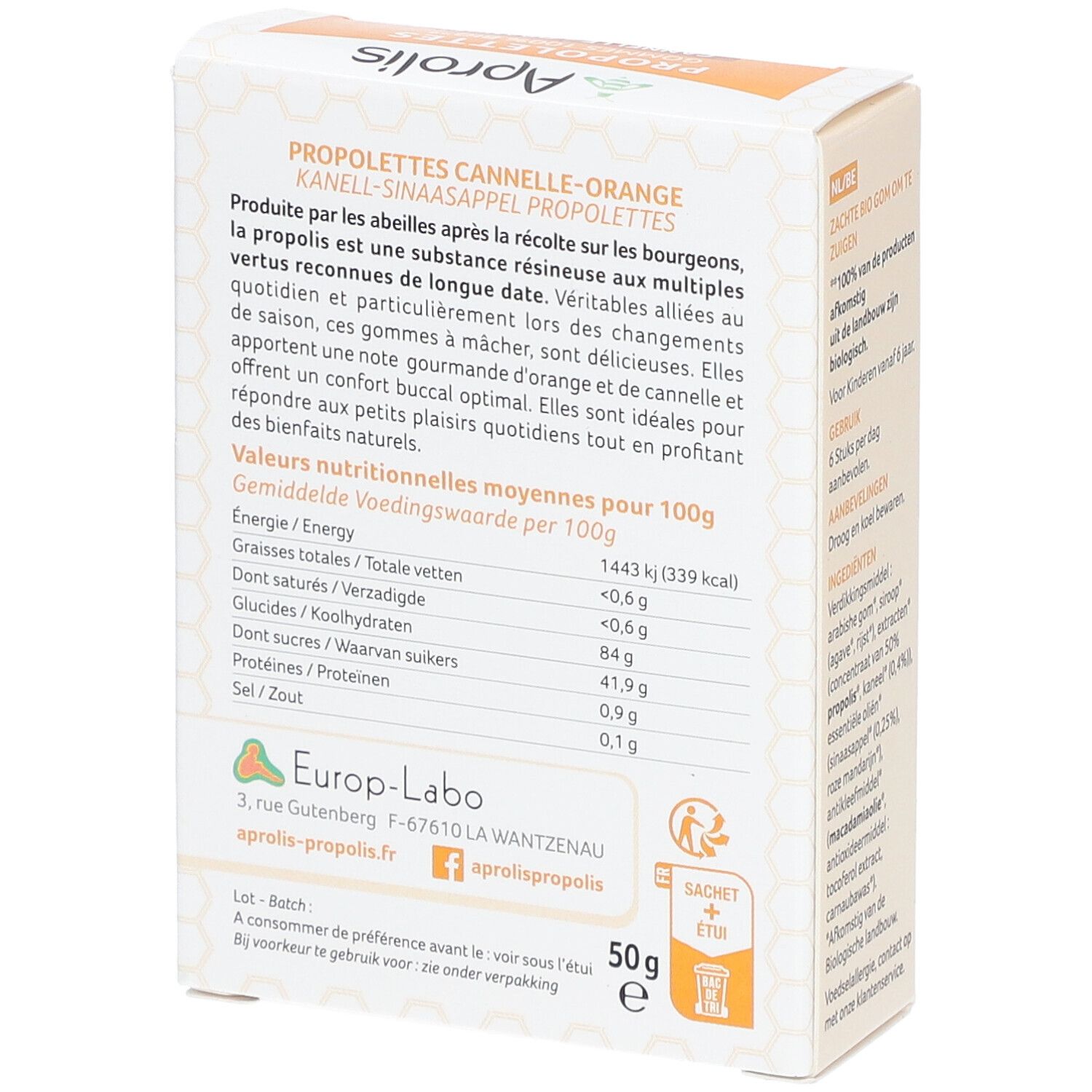 Achterkant doos Aprolis PROPOLETTES GOMMES 100% BIO. Voedingswaarde en ingrediënten. 50g.