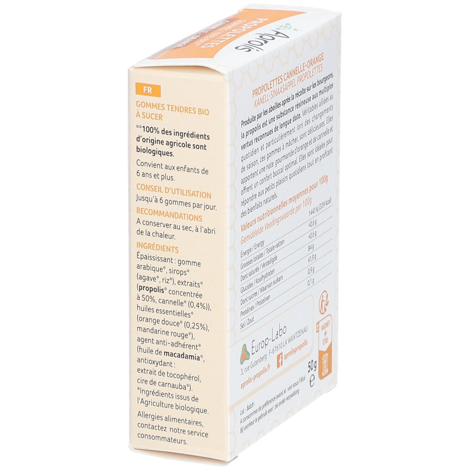 Doos Aprolis PROPOLETTES GOMMES 100% BIO. Tekst in het Frans. Ingrediënten en gebruiksaanwijzing. 50g.