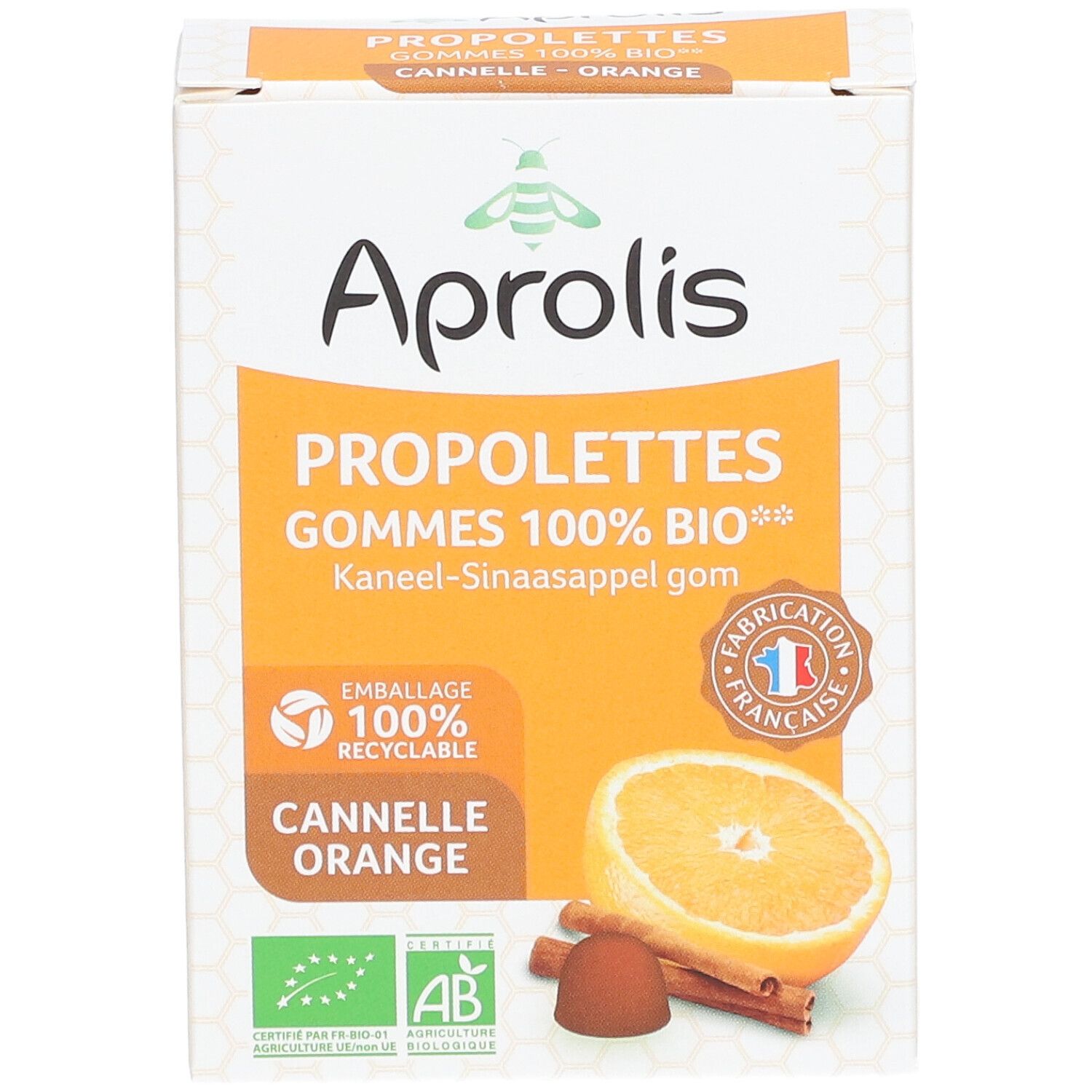 Doos Aprolis PROPOLETTES GOMMES 100% BIO. Smaak: sinaasappel-kaneel. Halve sinaasappel en kaneelstokje.