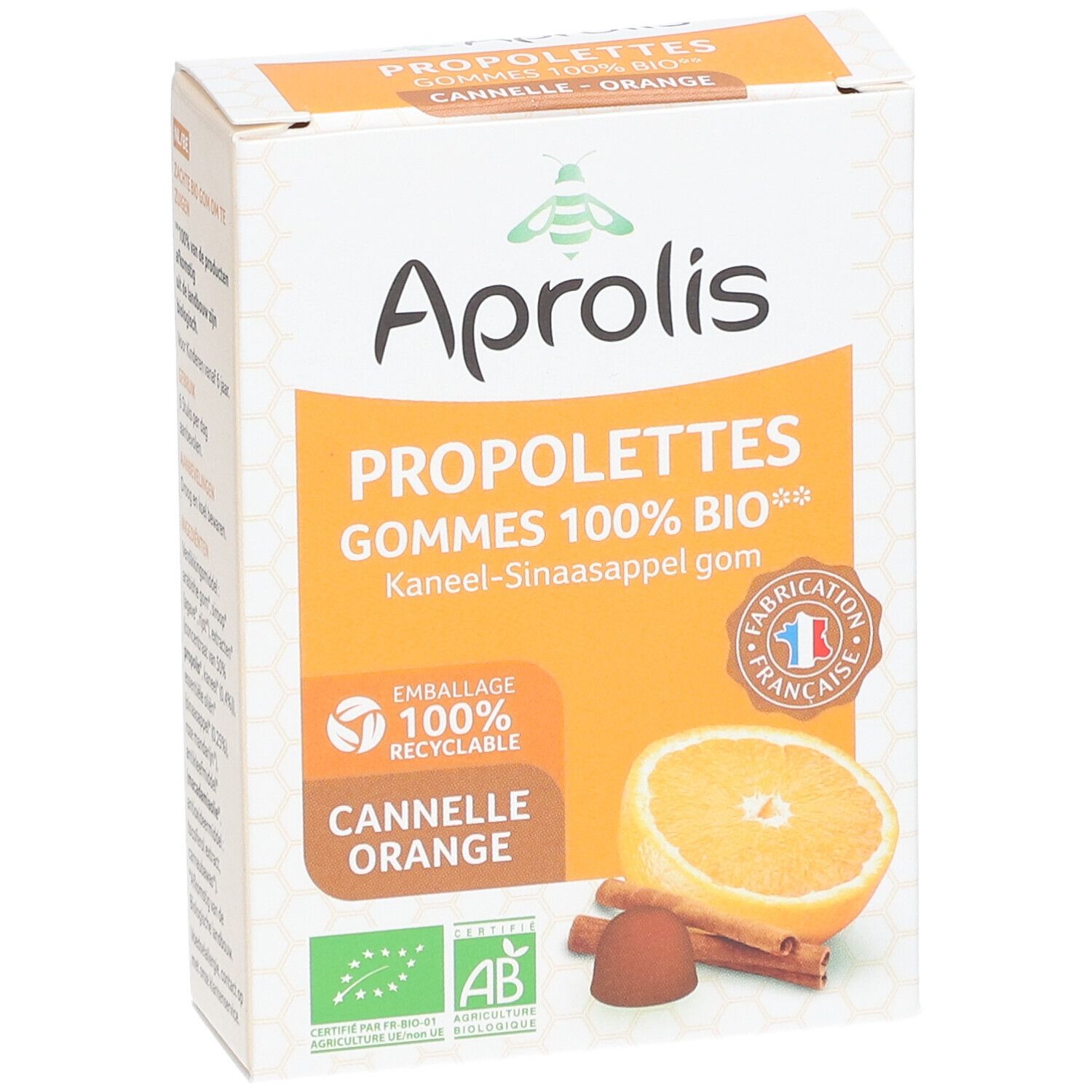 Doos Aprolis PROPOLETTES GOMMES 100% BIO. Smaak: sinaasappel-kaneel. Halve sinaasappel en kaneelstokje.