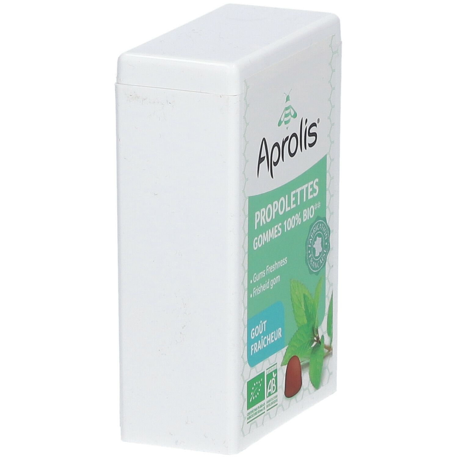 Weißer Behälter mit grünem Etikett. Aufschrift: Aprolis, Propolettes, Gums Freshness, Gout Fraicheur. Bio-Zertifizierung.