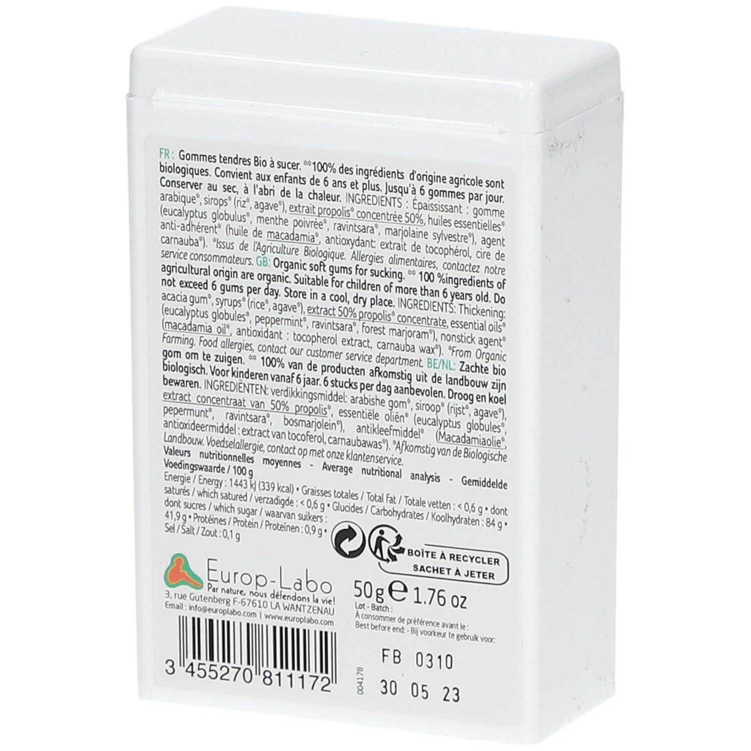 Rückseite eines weißen Behälters. Text in mehreren Sprachen. Enthält Informationen zu Inhaltsstoffen und Nährwerten. 50g.