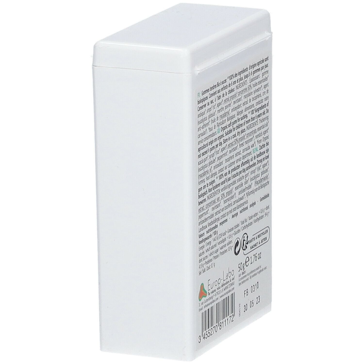 Rückseite eines weißen Behälters. Text in mehreren Sprachen. Enthält Informationen zu Inhaltsstoffen und Nährwerten. 50g.