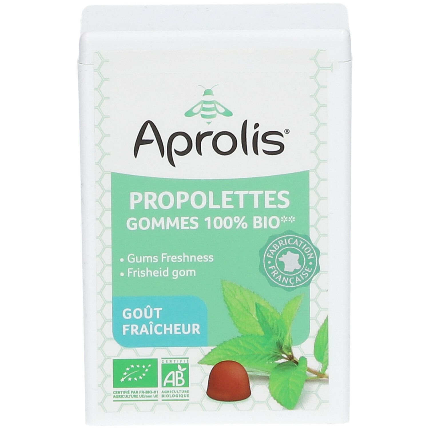 Weißer Behälter mit grünem Etikett. Aufschrift: Aprolis, Propolettes, Gums Freshness, Gout Fraicheur. Bio-Zertifizierung.