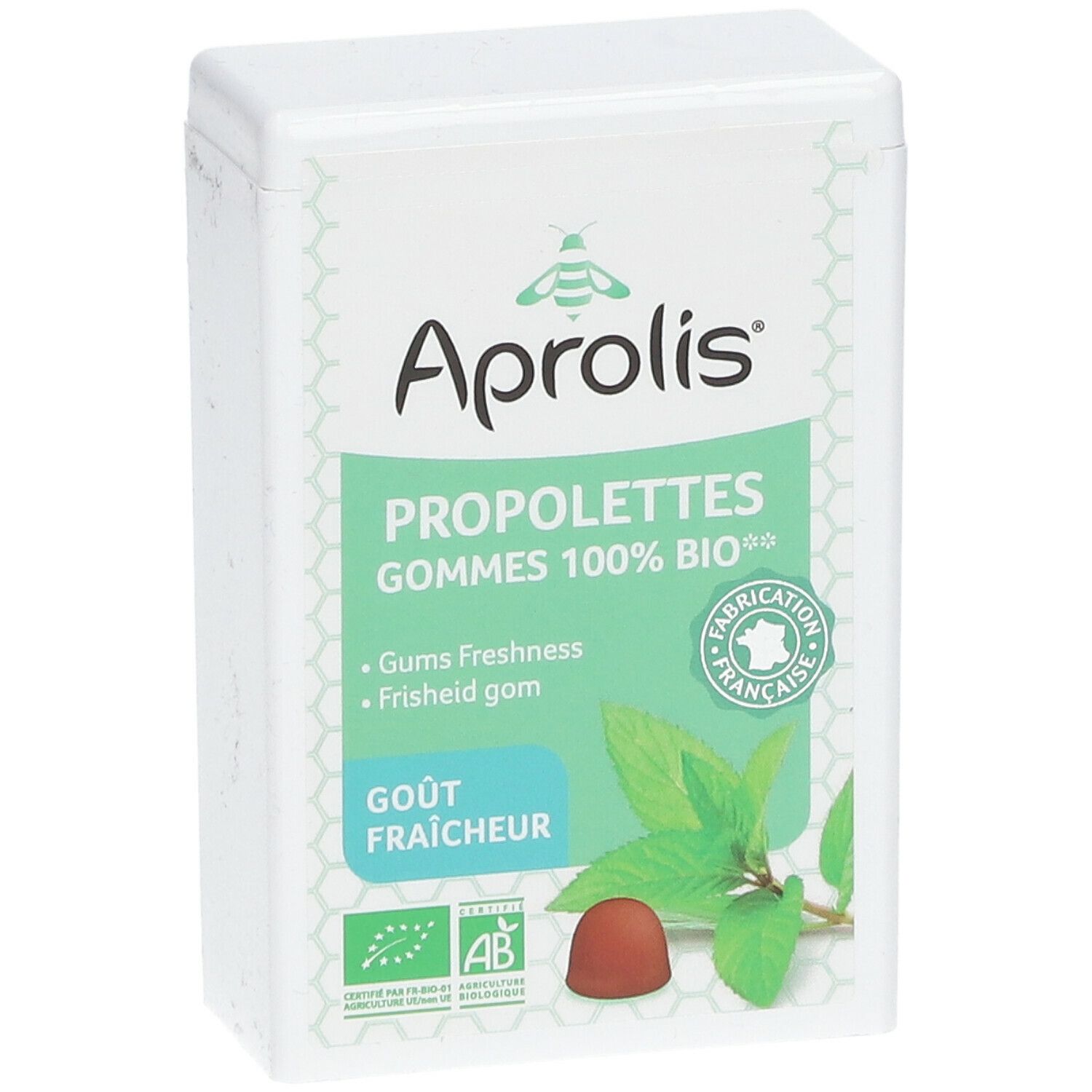 Weißer Behälter mit grünem Etikett. Aufschrift: Aprolis, Propolettes, Gums Freshness, Gout Fraicheur. Bio-Zertifizierung.