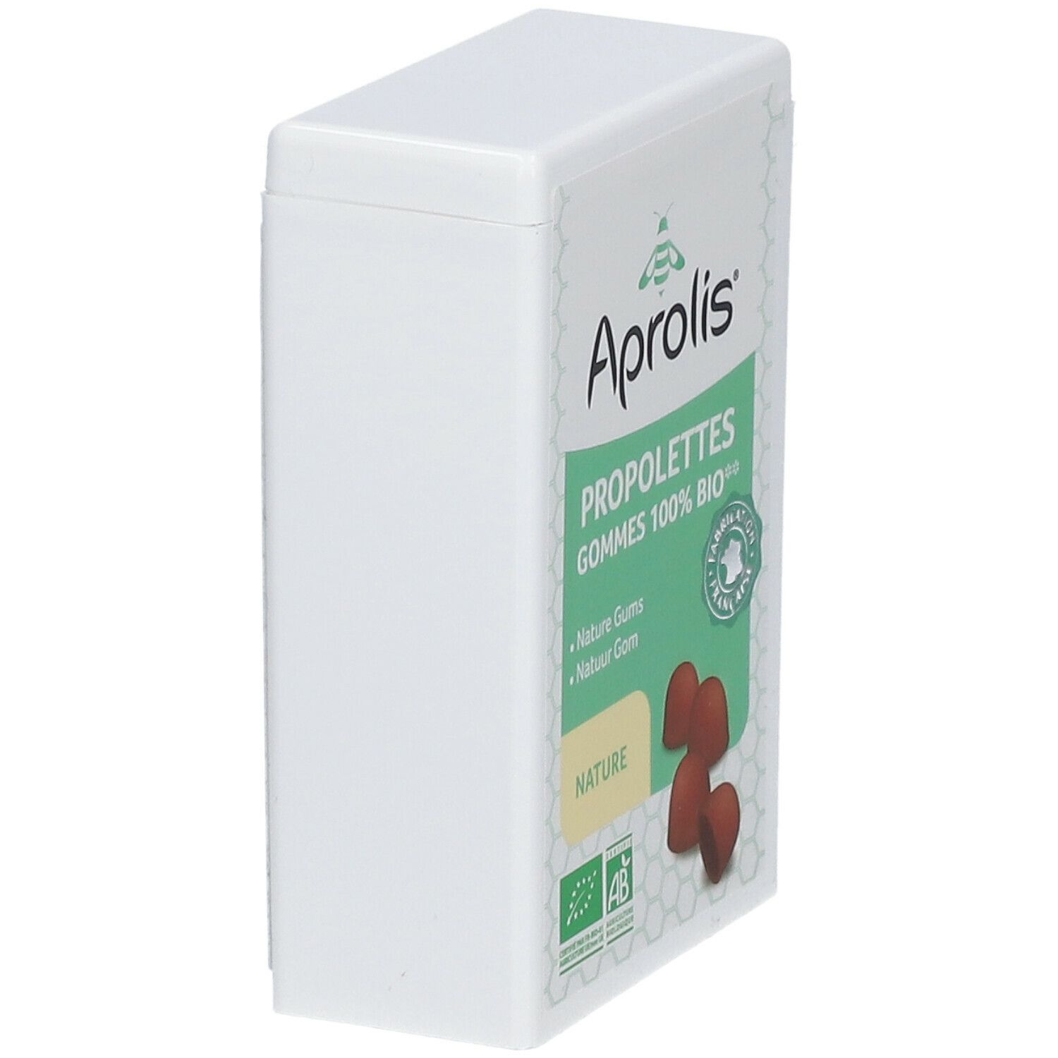 Witte doos met Aprolis-logo en productnaam. Vier bruine gummies zichtbaar. Bio-certificering.