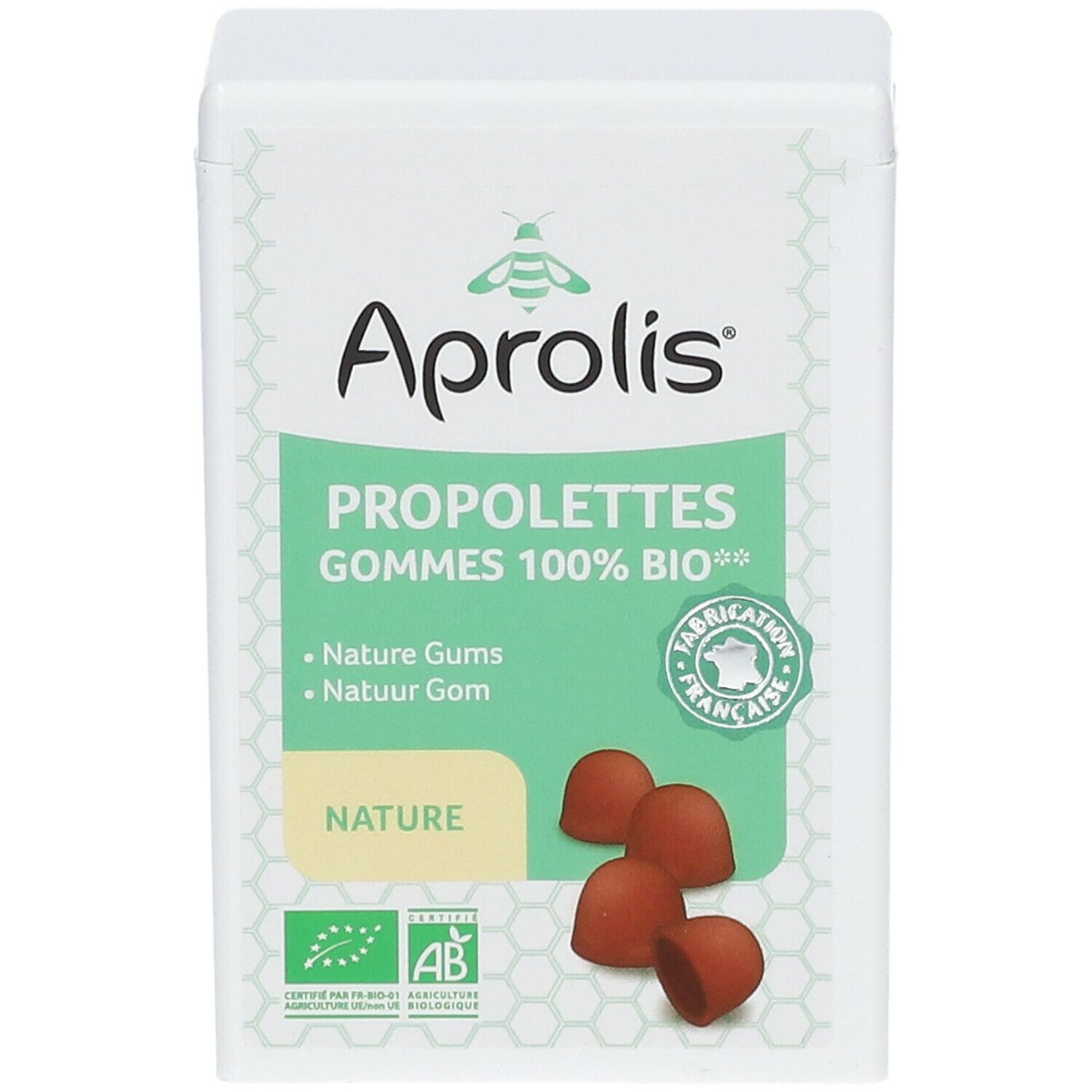 Witte doos met Aprolis-logo en productnaam. Vier bruine gummies zichtbaar. Bio-certificering.