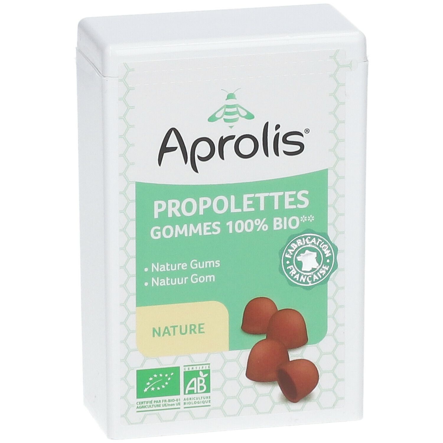 Witte doos met Aprolis-logo en productnaam. Vier bruine gummies zichtbaar. Bio-certificering.
