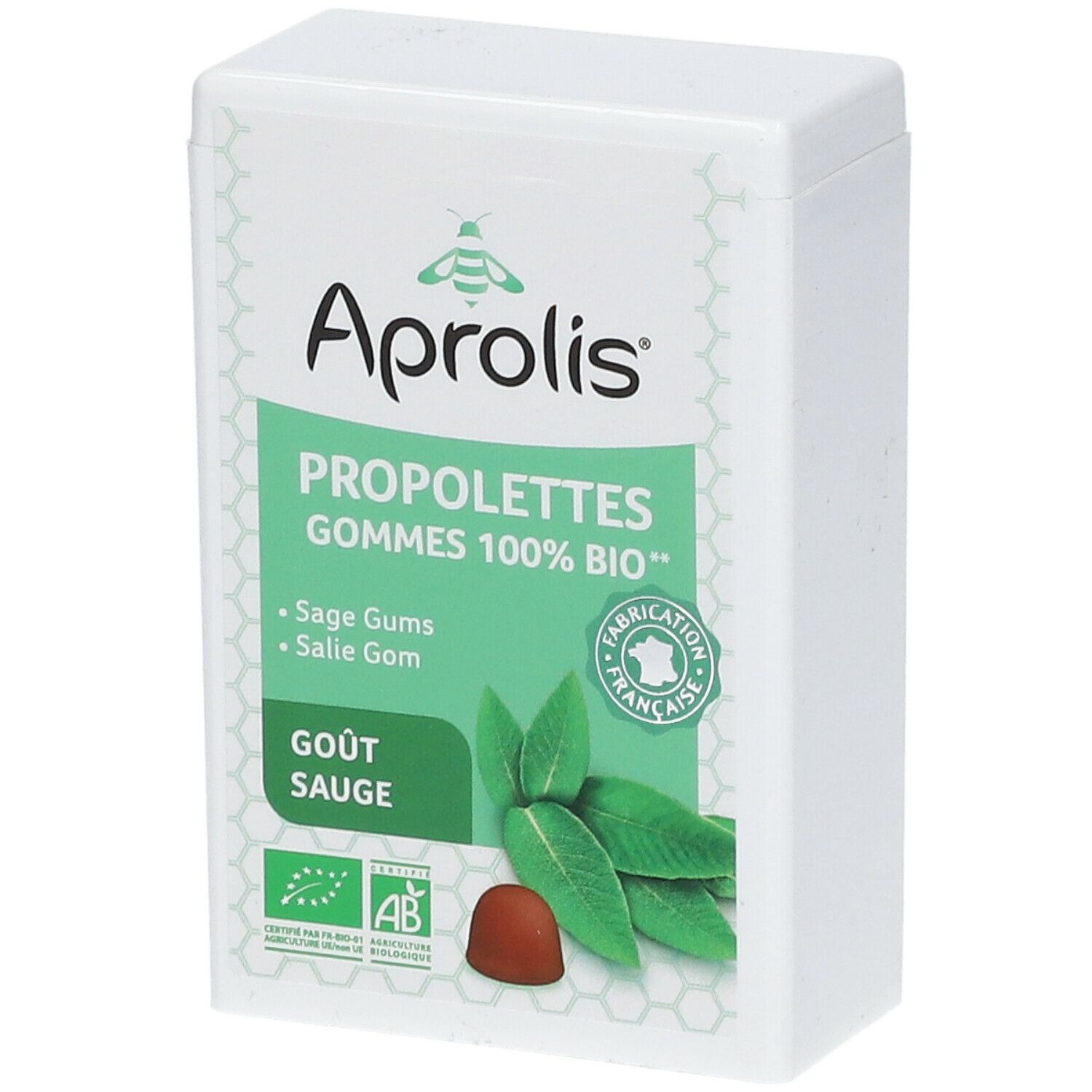 Witte rechthoekige doos met Aprolis, PROPOLETTES GOMMES 100% BIO, Gout Sauge. Afbeelding van bladeren en een snoepje.