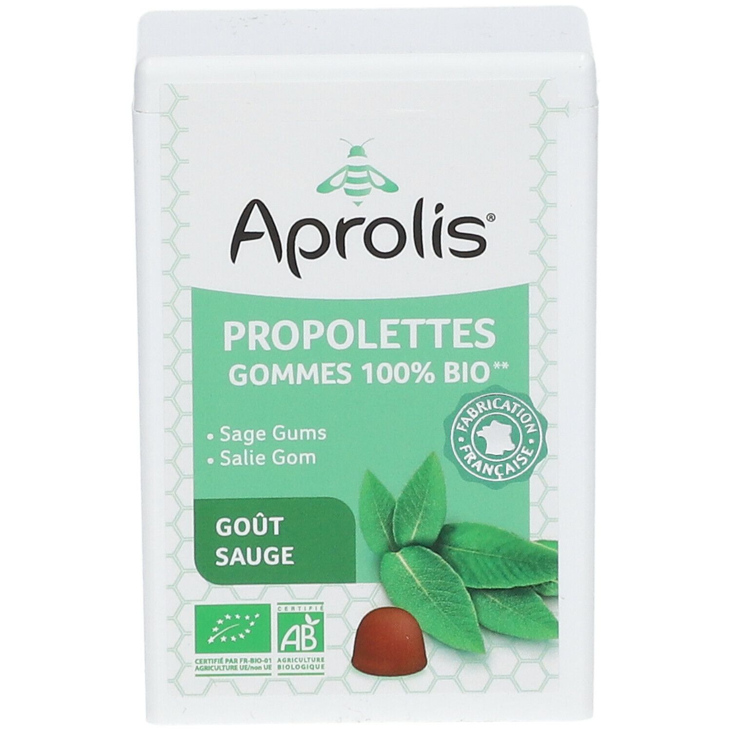 Witte rechthoekige doos met Aprolis, PROPOLETTES GOMMES 100% BIO, Gout Sauge. Afbeelding van bladeren en een snoepje.