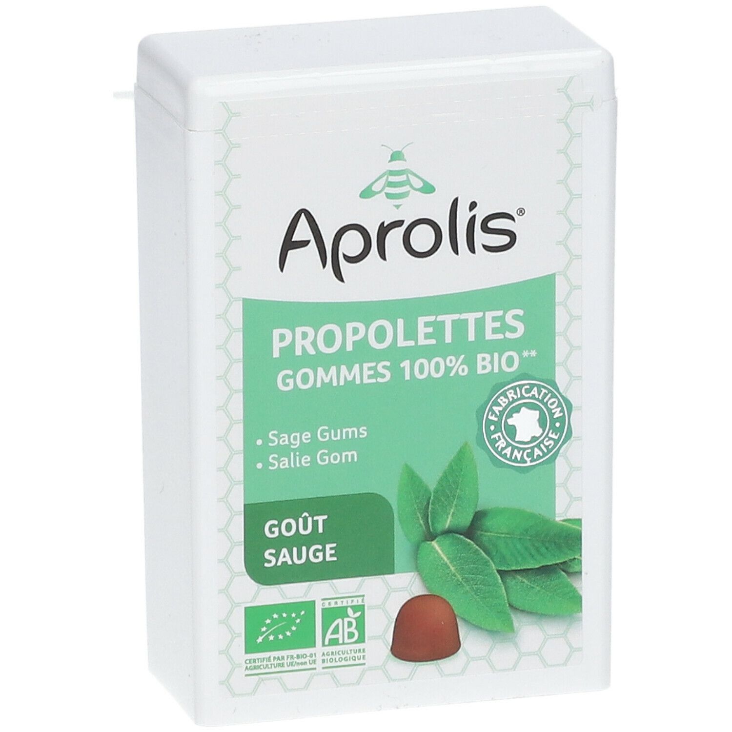 Witte rechthoekige doos met Aprolis, PROPOLETTES GOMMES 100% BIO, Gout Sauge. Afbeelding van bladeren en een snoepje.