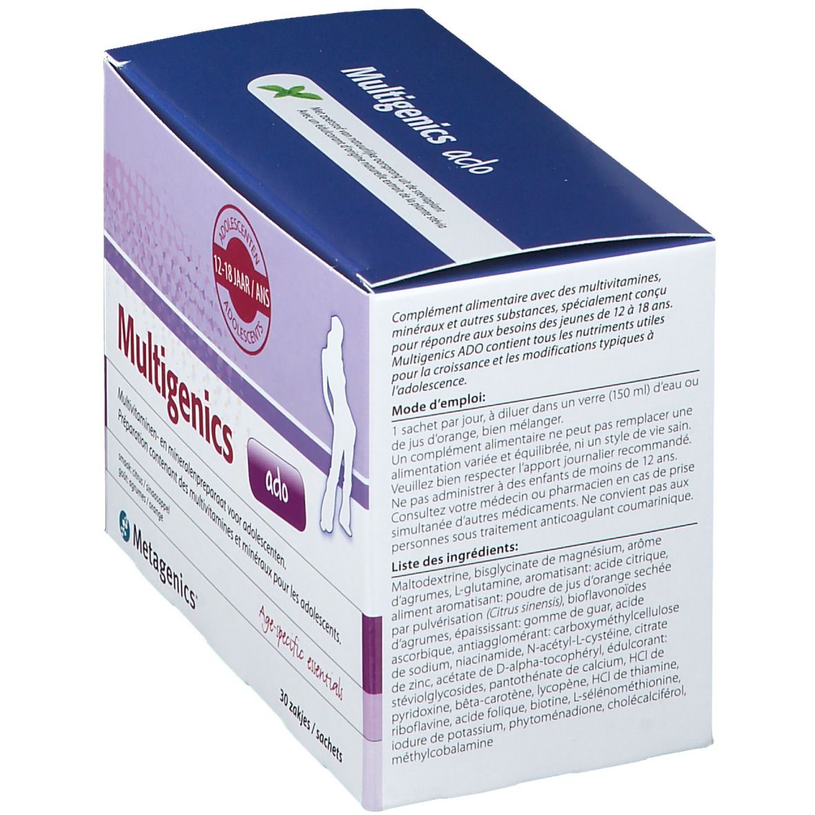 Schuine weergave van de Multigenics Ado-verpakking. Tekst: Multigenics, ado, voor adolescenten 12-18 jaar. Bevat 30 zakjes. Ingrediënten en instructies.