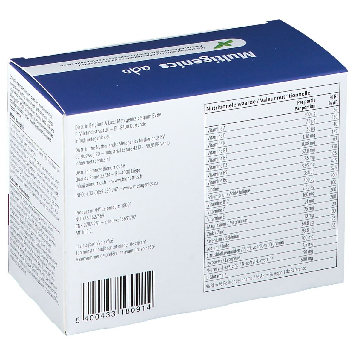 Achterkant van de Multigenics Ado-verpakking. Bevat voedingsinformatie per portie. Fabrikantinformatie en contactgegevens.
